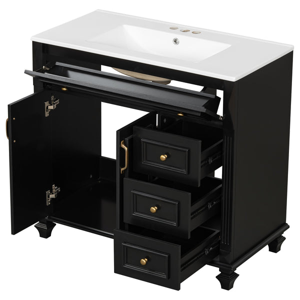 English Elm 36" Modern Bathroom Vanity with Ceramic Sink, Gold Handles, Flip-Out Drawer & Soft-Close Doors Black N725P283623B