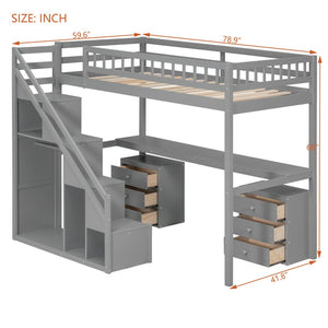 English Elm Twin Loft Bed with Staircase Desk Dual Drawers and Led Strip for Kids Rooms Gray LT000257AAE-1