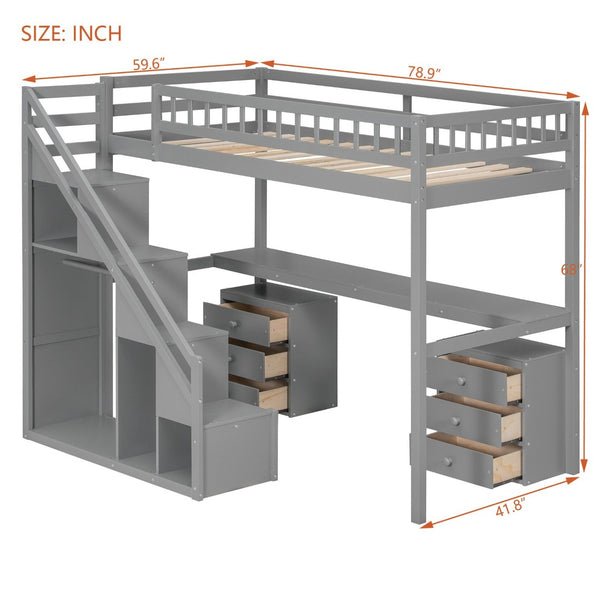 English Elm Twin Loft Bed with Staircase Desk Dual Drawers and Led Strip for Kids Rooms Gray LT000257AAE-1