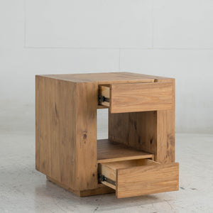 English Elm Harlan Oak Finish End Table with Wheels, 2 Drawers & Open Shelf, Durable Synthetic Wood Accent Table B2726P251669