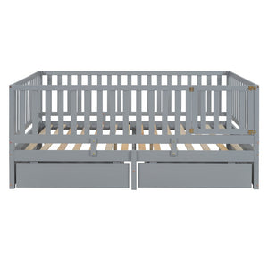 English Elm Full Size Pinewood Kids Daybed with Fence Rails Split Floor Bed and Storage Drawers Gray LP100882AAE