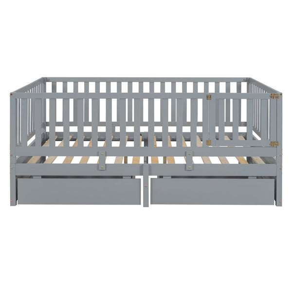 English Elm Full Size Pinewood Kids Daybed with Fence Rails Split Floor Bed and Storage Drawers Gray LP100882AAE