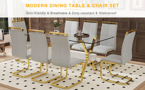 English Elm Table Elegance: 71"X35.4" Clear Glass Dining Set With 8 Light Gray Pu Chairs & Golden Legs W1151S02366-GIGA