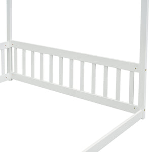 English Elm Full Full Size Canopy Frame Rubber Wood Floor Bed with Fence Guardrails White – Imaginative Kids Retreat, 400 lb Capacity, Malaysian Craftsmanship W504P364861