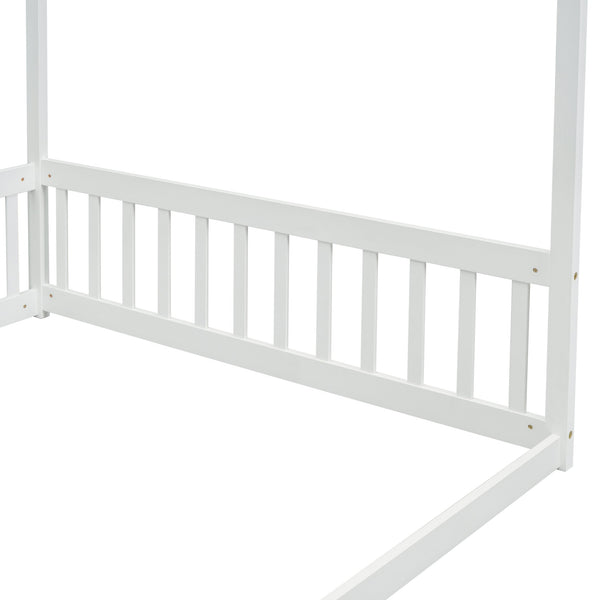 English Elm Full Full Size Canopy Frame Rubber Wood Floor Bed with Fence Guardrails White – Imaginative Kids Retreat, 400 lb Capacity, Malaysian Craftsmanship W504P364861