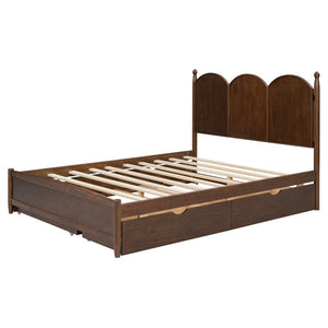English Elm Queen Size Platform Bed With Twin Xl Trundle & 2 Spacious Drawers - Elegant Walnut Design Upgrade N820S00025D-GIGA