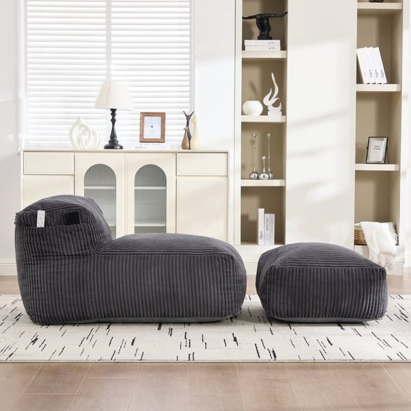 English Elm Big Corduroy Lounger Bean Bag with Ottoman Memory Foam Fill for Living Room Dark Gray W395P435355