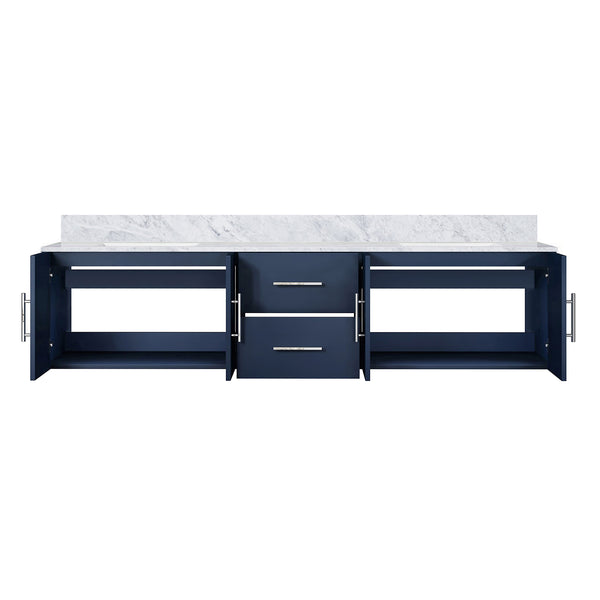 English Elm Navy Solid Wood Double Bath Vanity 80" x 22" with Carrara Marble Top, Soft-Close Storage & Shelf B2731P258530
