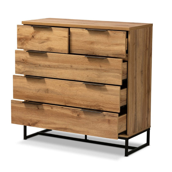 Baxton Studio Baxton Studio 5-Drawer Chest – Modern Oak Wood & Black Metal, Stylish Storage for Any Bedroom Space CH8002-Oak-5DW Chest