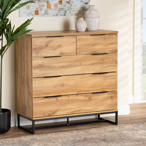 Baxton Studio Baxton Studio 5-Drawer Chest – Modern Oak Wood & Black Metal, Stylish Storage for Any Bedroom Space CH8002-Oak-5DW Chest