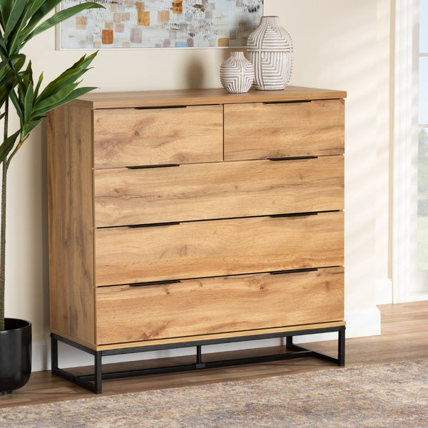 Baxton Studio Baxton Studio 5-Drawer Chest – Modern Oak Wood & Black Metal, Stylish Storage for Any Bedroom Space CH8002-Oak-5DW Chest
