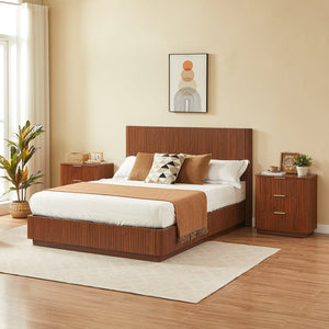 English Elm 3 Drawer Nightstand Pair Walnut Wave Textured Mdf Modern Bedroom Storage Set of Two W1820P436011