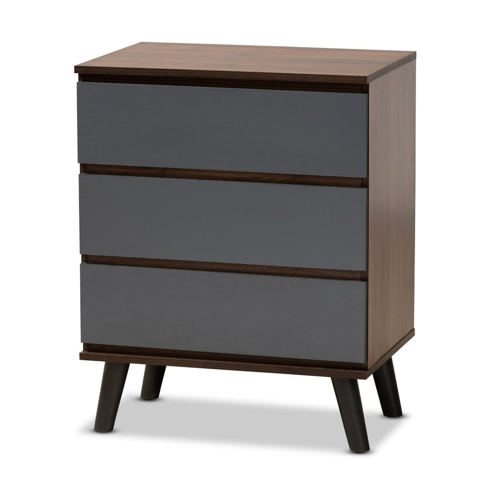 Baxton Studio Baxton Roldan Modern 3-Drawer Chest in Two-Tone Walnut & Grey - Stylish Storage for Your Bedroom CH8003-Walnut/Grey-3DW Chest