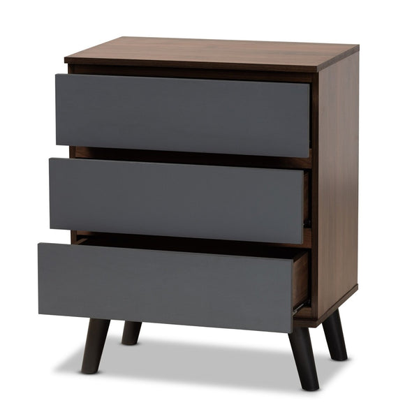 Baxton Studio Baxton Roldan Modern 3-Drawer Chest in Two-Tone Walnut & Grey - Stylish Storage for Your Bedroom CH8003-Walnut/Grey-3DW Chest