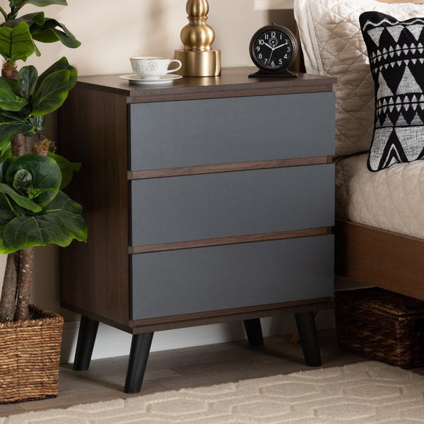 Baxton Studio Baxton Roldan Modern 3-Drawer Chest in Two-Tone Walnut & Grey - Stylish Storage for Your Bedroom CH8003-Walnut/Grey-3DW Chest