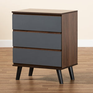 Baxton Studio Baxton Roldan Modern 3-Drawer Chest in Two-Tone Walnut & Grey - Stylish Storage for Your Bedroom CH8003-Walnut/Grey-3DW Chest
