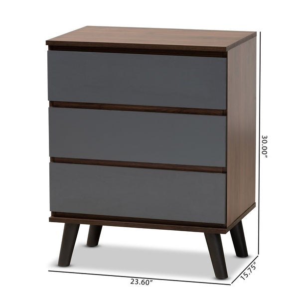 Baxton Studio Baxton Roldan Modern 3-Drawer Chest in Two-Tone Walnut & Grey - Stylish Storage for Your Bedroom CH8003-Walnut/Grey-3DW Chest