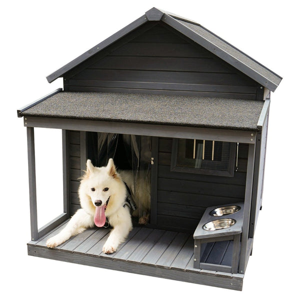English Elm Large Breed Outdoor Doghouse Solid Fir Wood Covered Porch Weatherproof Asphalt Roof W1431S00005