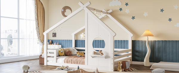 English Elm Twin House Bed Low Profile Pine Wood Frame with Shelf Montessori Kids Floor Sleeping Light White W5305P429644