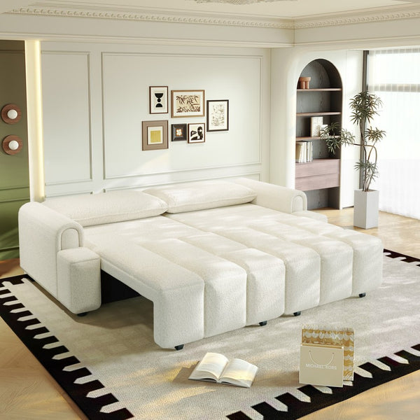English Elm 90.2" Plush Teddy Fabric Convertible Sleeper Sofa with Hidden Storage for Living Room Beige+White W1885S00311