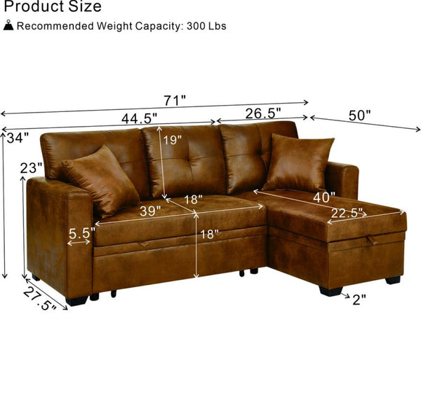 English Elm Sleeper Sectional with Pull Out Bed Storage Chaise Tufted Breathable Fabric Sofa W5568S00044