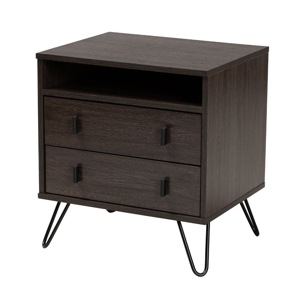 Baxton Studio Baxton Studio Glover Modern 2-Drawer Nightstand with Open Shelf, Dark Brown Wood & Black Metal Legs NS8016-Dark Brown-NS