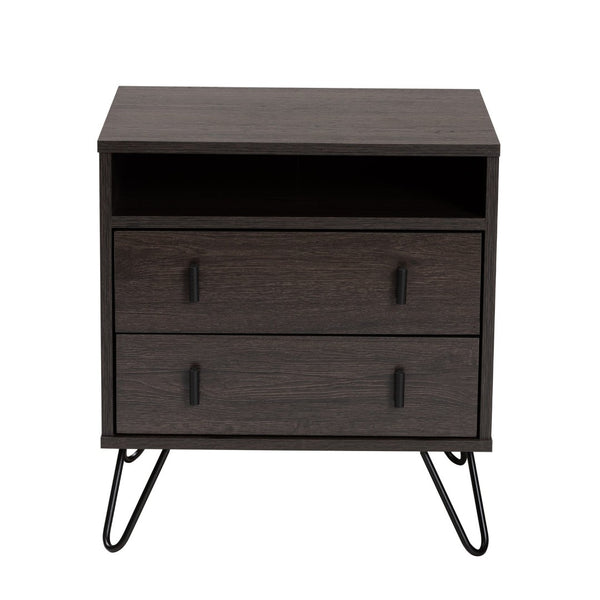 Baxton Studio Baxton Studio Glover Modern 2-Drawer Nightstand with Open Shelf, Dark Brown Wood & Black Metal Legs NS8016-Dark Brown-NS