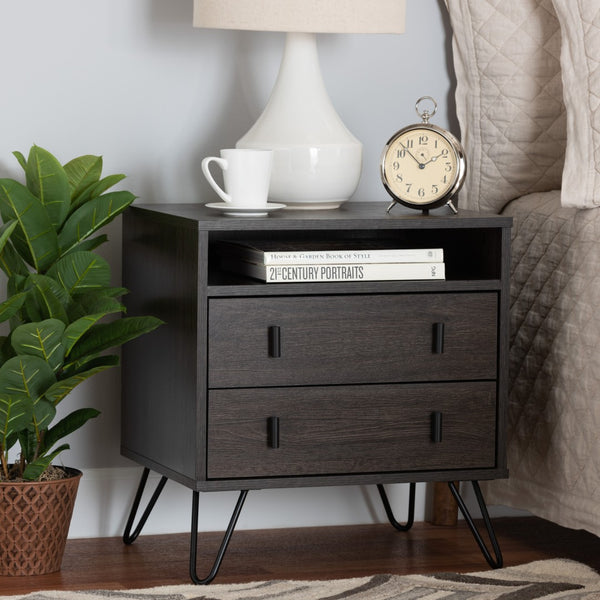 Baxton Studio Baxton Studio Glover Modern 2-Drawer Nightstand with Open Shelf, Dark Brown Wood & Black Metal Legs NS8016-Dark Brown-NS