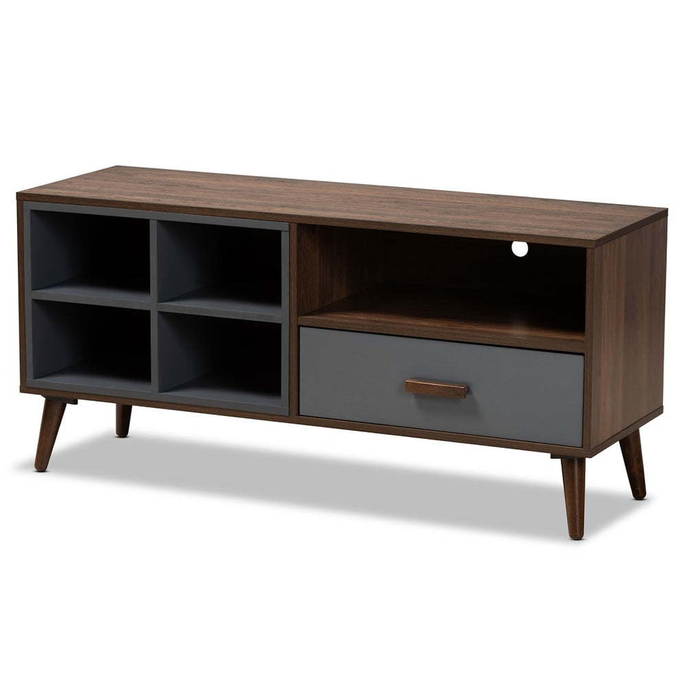 Baxton Studio Baxton Garrick Modern Two-Tone Grey & Walnut 1-Drawer TV Stand - Stylish Storage & Cable Management! TV8018-Walnut/Grey-TV