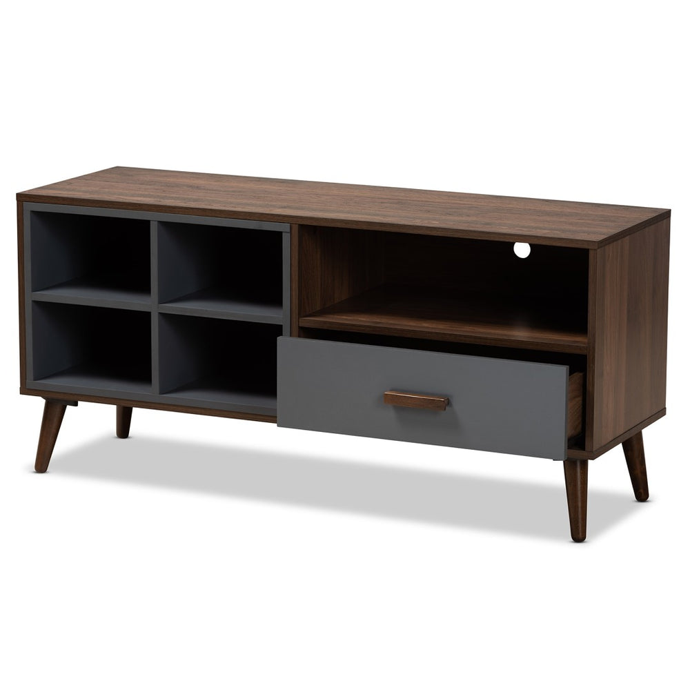 Baxton Studio Baxton Garrick Modern Two-Tone Grey & Walnut 1-Drawer TV Stand - Stylish Storage & Cable Management! TV8018-Walnut/Grey-TV