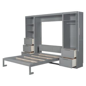 English Elm Queen Murphy Wall Bed with Wardrobe Drawers and Shelves for Studio or Guest Room Gray LP000865AAE-1