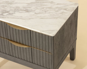 Sunpan Keldon Two Drawer Nightstand Marble Top Reeded Rubberwood with Gold Pulls 112312