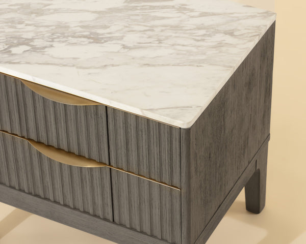 Sunpan Keldon Two Drawer Nightstand Marble Top Reeded Rubberwood with Gold Pulls 112312