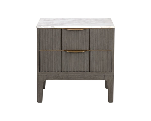 Sunpan Keldon Two Drawer Nightstand Marble Top Reeded Rubberwood with Gold Pulls 112312