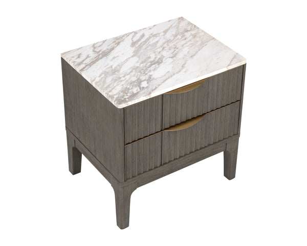 Sunpan Keldon Two Drawer Nightstand Marble Top Reeded Rubberwood with Gold Pulls 112312