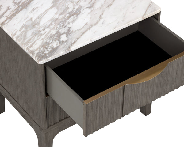 Sunpan Keldon Two Drawer Nightstand Marble Top Reeded Rubberwood with Gold Pulls 112312