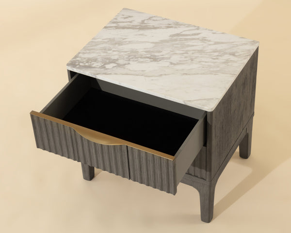 Sunpan Keldon Two Drawer Nightstand Marble Top Reeded Rubberwood with Gold Pulls 112312