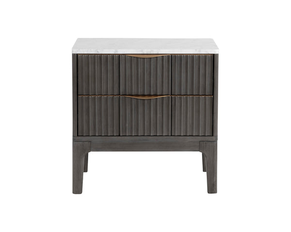 Sunpan Keldon Two Drawer Nightstand Marble Top Reeded Rubberwood with Gold Pulls 112312