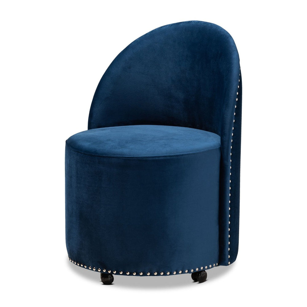 Baxton Studio Baxton Studio Luxe Navy Velvet Rolling Accent Chair – Glamorous Comfort with Silver Studs & Mobility WS-52226-Navy Blue Velvet-CC