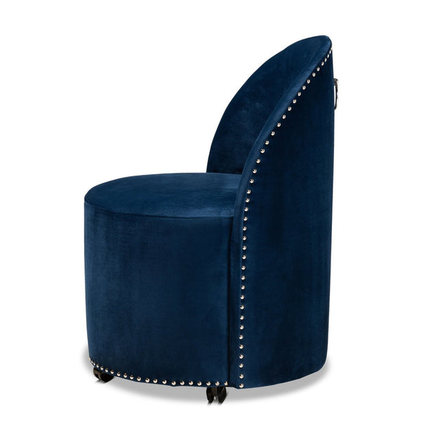 Baxton Studio Baxton Studio Luxe Navy Velvet Rolling Accent Chair – Glamorous Comfort with Silver Studs & Mobility WS-52226-Navy Blue Velvet-CC