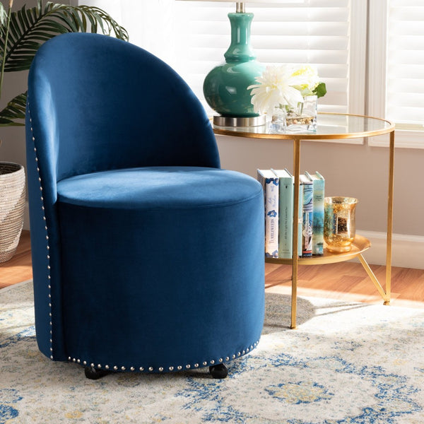 Baxton Studio Baxton Studio Luxe Navy Velvet Rolling Accent Chair – Glamorous Comfort with Silver Studs & Mobility WS-52226-Navy Blue Velvet-CC