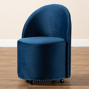 Baxton Studio Baxton Studio Luxe Navy Velvet Rolling Accent Chair – Glamorous Comfort with Silver Studs & Mobility WS-52226-Navy Blue Velvet-CC