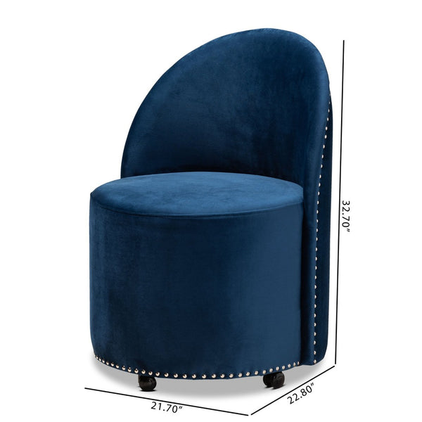 Baxton Studio Baxton Studio Luxe Navy Velvet Rolling Accent Chair – Glamorous Comfort with Silver Studs & Mobility WS-52226-Navy Blue Velvet-CC