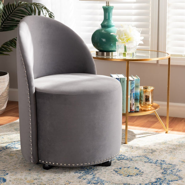 Baxton Studio Baxton Studio Velvet Accent Chair with Silver Studs - Stylish, Comfortable & Mobile Glam Decor WS-52226-Grey Velvet-CC