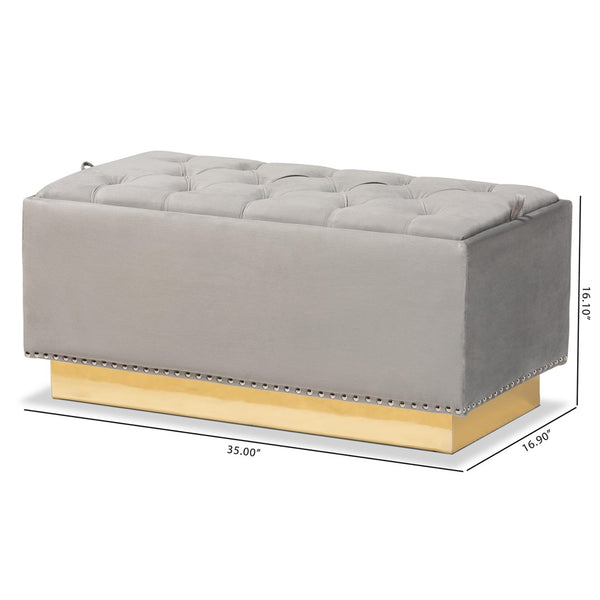 Baxton Studio Baxton Studio Powell Luxurious Velvet Storage Ottoman with Gold Leather Base and Tufted Design Grey WS-2019-Grey Velvet/Gold-Otto