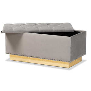 Baxton Studio Baxton Studio Powell Luxurious Velvet Storage Ottoman with Gold Leather Base and Tufted Design Grey WS-2019-Grey Velvet/Gold-Otto