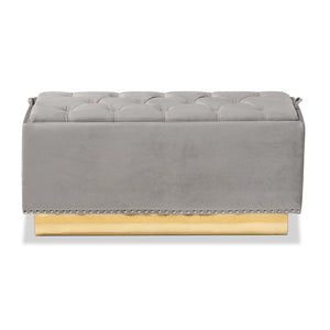 Baxton Studio Baxton Studio Powell Luxurious Velvet Storage Ottoman with Gold Leather Base and Tufted Design Grey WS-2019-Grey Velvet/Gold-Otto