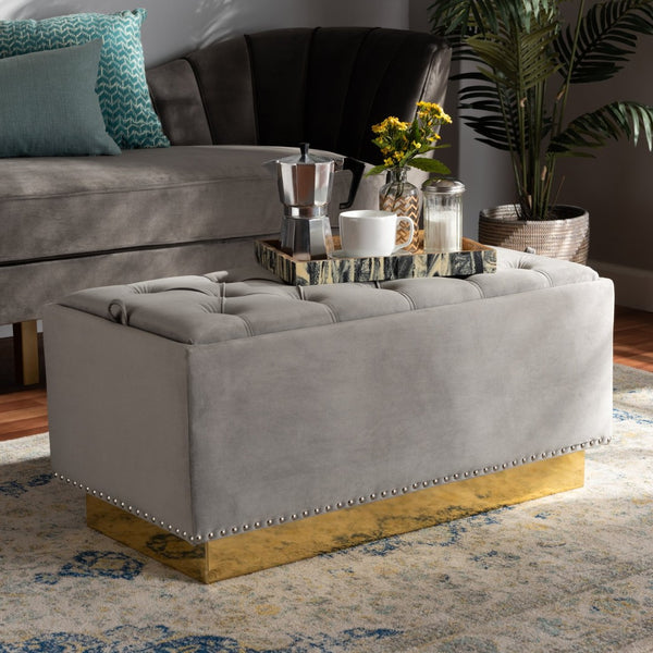 Baxton Studio Baxton Studio Powell Luxurious Velvet Storage Ottoman with Gold Leather Base and Tufted Design Grey WS-2019-Grey Velvet/Gold-Otto