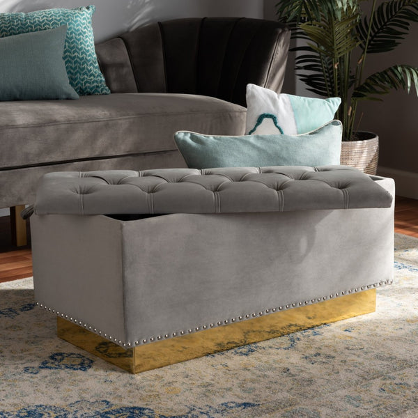 Baxton Studio Baxton Studio Powell Luxurious Velvet Storage Ottoman with Gold Leather Base and Tufted Design Grey WS-2019-Grey Velvet/Gold-Otto