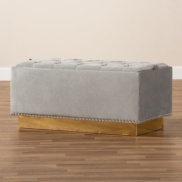 Baxton Studio Baxton Studio Powell Luxurious Velvet Storage Ottoman with Gold Leather Base and Tufted Design Grey WS-2019-Grey Velvet/Gold-Otto
